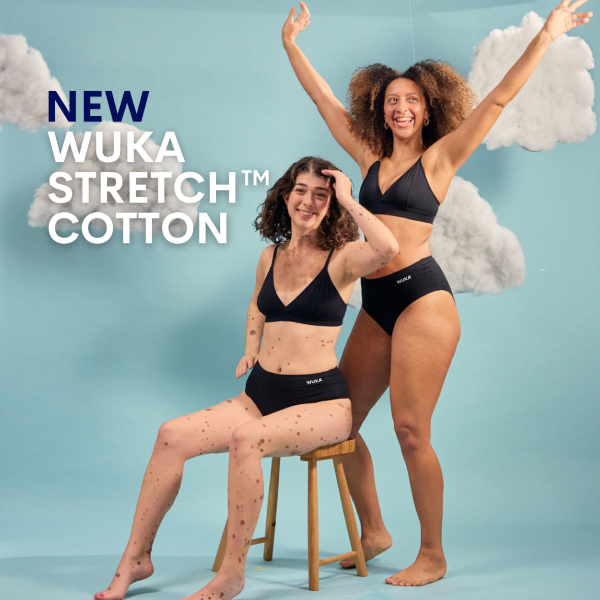 Stretch cotton period pants midi brief seamless stretch shown on two models with text reading new WUKA stretch cotton