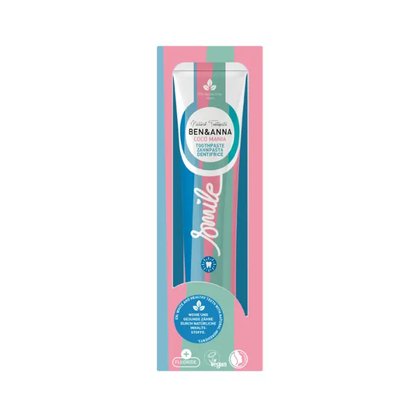 Natural toothpaste in cocoa mania shown in cardboard packaging