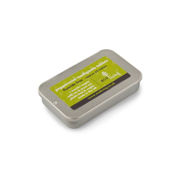 Toothpaste tablets fluoride-free in metal tin