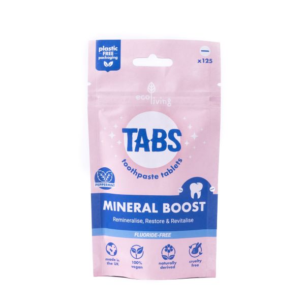 Package of Tabs Mineral Boost toothpaste tablets on a white background in paper packaging