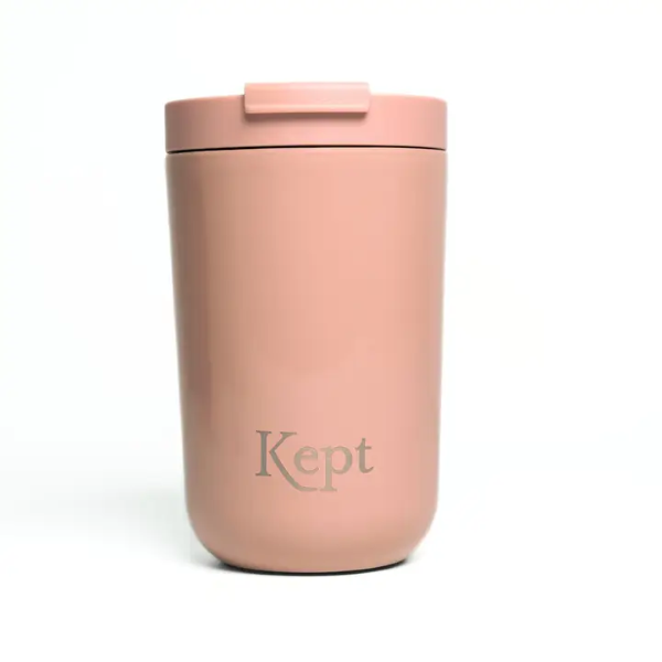 Vacuum travel mug in sandstone colour with Kept logo