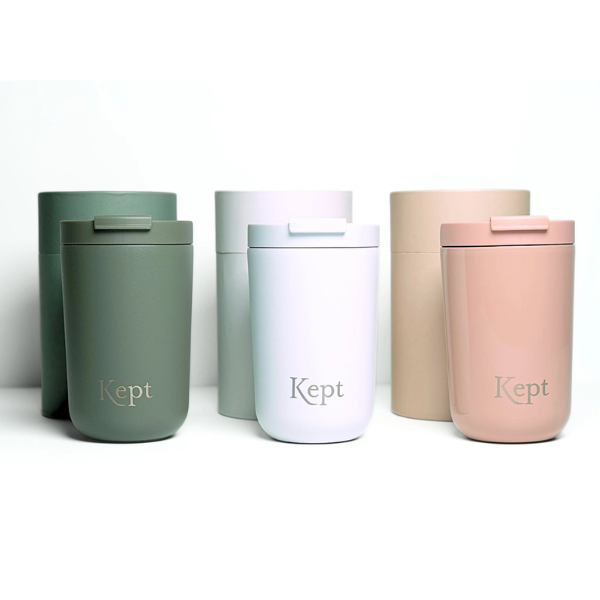 Vacuum travel mug in three colour choices alongside cardboard gift packaging boxes