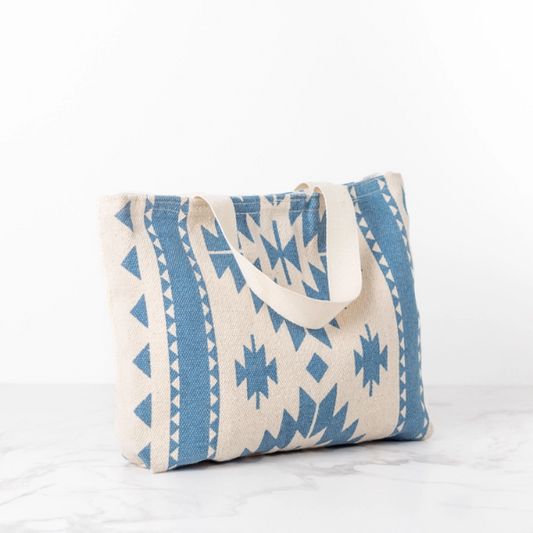 Upcycled lunch bag in blue and white geometric design
