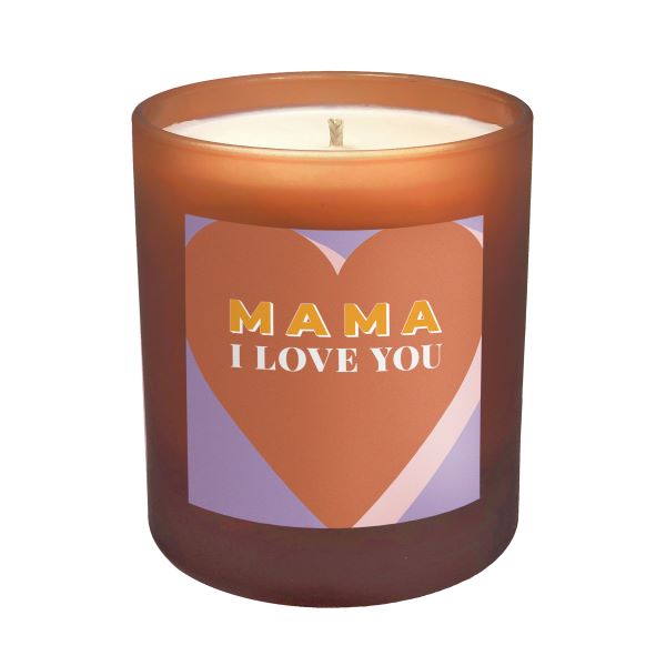Clean burning candle in refillable orange glass jar with label reading "Mama I love you"
