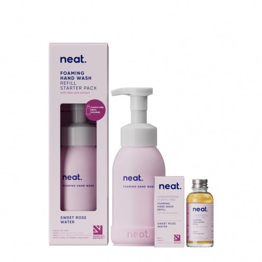 Neat foaming handwash starter kit Rose showing pink aluminium bottle and glass bottle refill