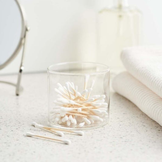 Bamboo eco-friendly cotton shown displayed in glass jar