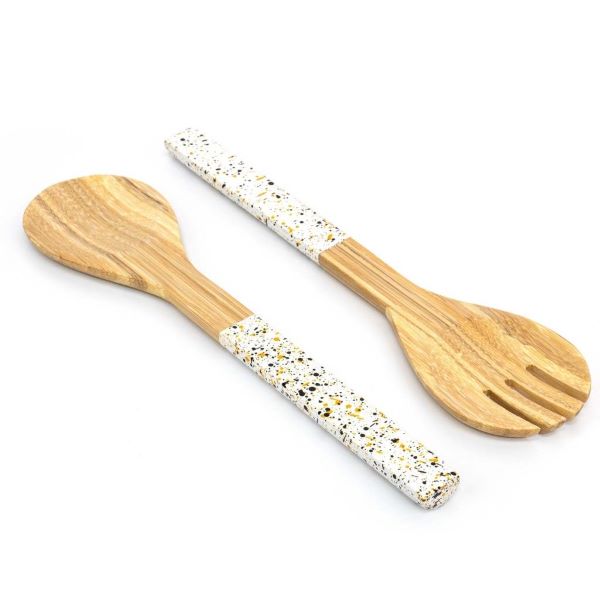 Bamboo salad tongs in white (bamboo with white handles with colourful speckles)