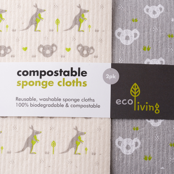 Compostable sponge cloths 2-pack (one grey koala, one white with koalas and kangaroos))