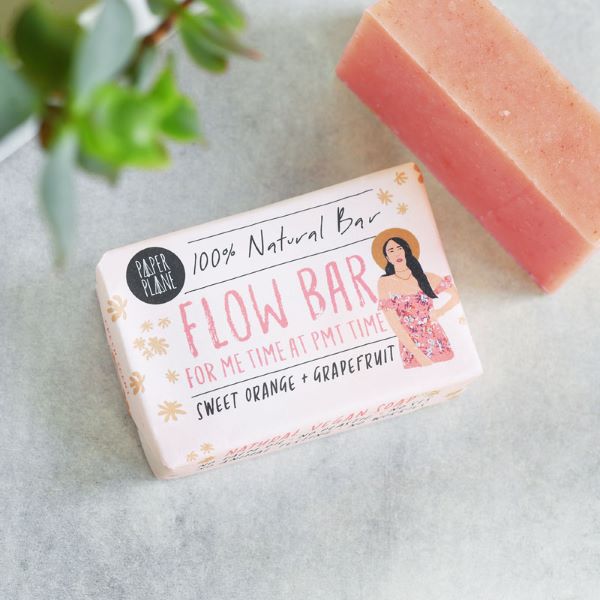 Flow bar unwrapped and wrapped with text on label saying "For me time at PMT time"