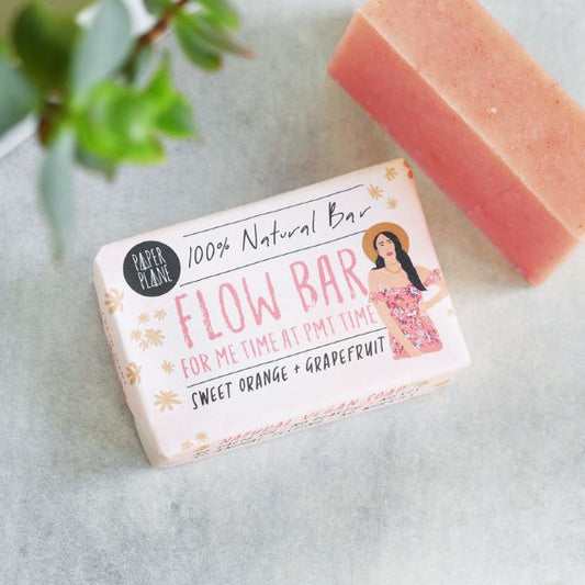 Flow bar unwrapped and wrapped with text on label saying "For me time at PMT time"