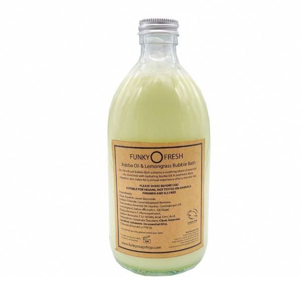Eco-friendly bubble bath Jojoba oil and lemongrass, back of glass bottle