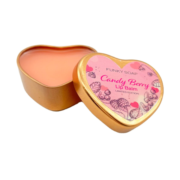 Lip balm in love-heart shaped tin, showing lid off with lip balm inside