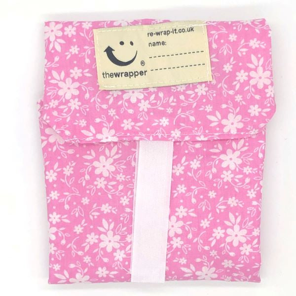 Eco-friendly sandwich wrapper pink floral (pink background with small white flowers)