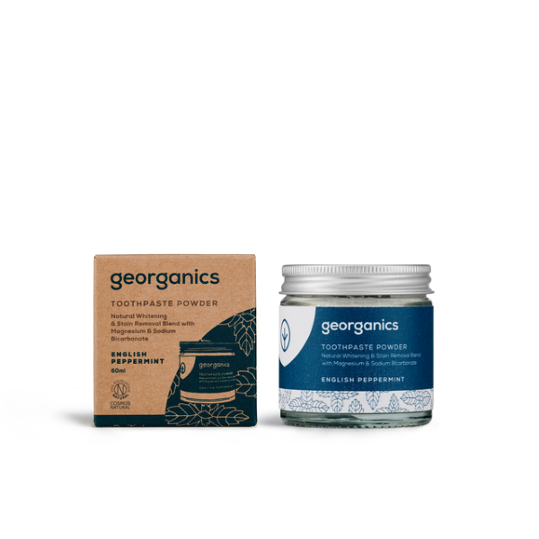 Whitening toothpowder English peppermint alongside cardboard box