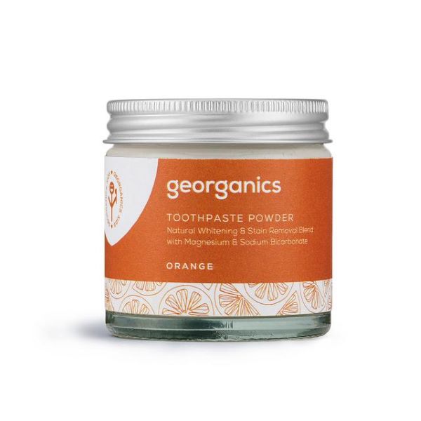 Whitening toothpowder Orange alongside cardboard box