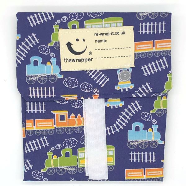 Sandwich wrapper Choo choo train (dark blue background with colourful trains and tracks)