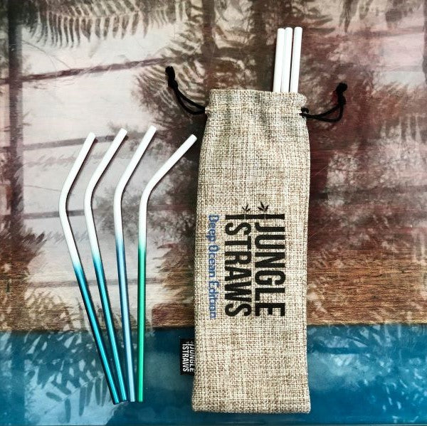 Reusable stainless steel straw set with pouch Deep Ocean