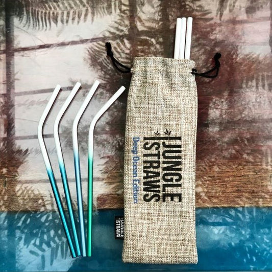 Reusable stainless steel straw set with pouch Deep Ocean