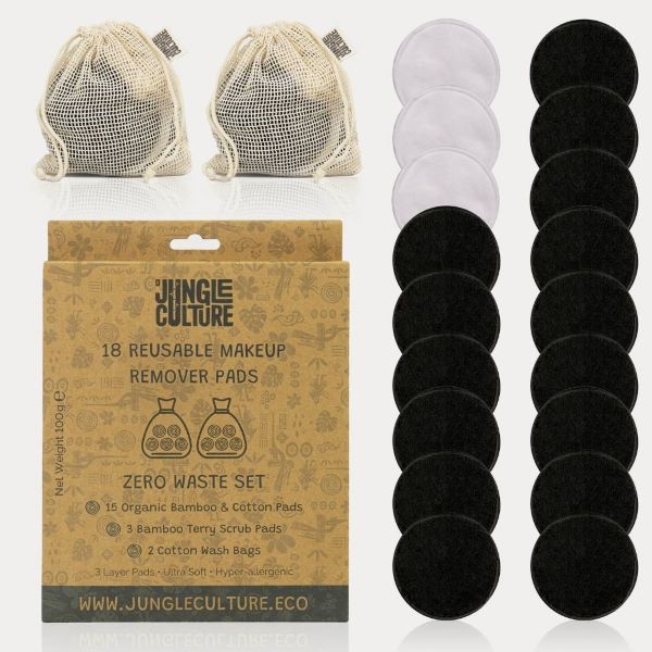 Set of 18 bamboo and cotton reusable makeup remover pads with two mesh wash bags in paper packaging