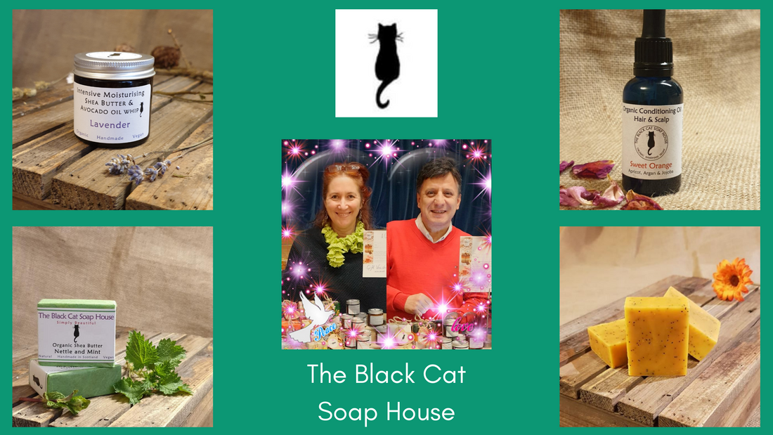 An image showing The Black Cat Soap House owners plus some of their products