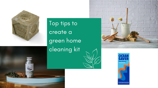 Image with some plastic-free products and saying 'Top tips to create a green home cleaning kit'