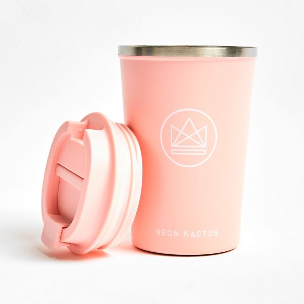 Neon Kactus insulated cup in Flamingo colour - a bright light pink, shown with lid off to the side