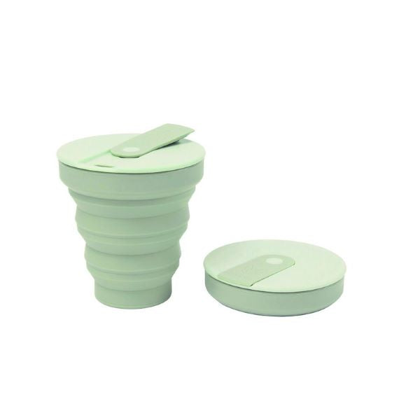 Collapsible cup shown up and collapsed in sage green