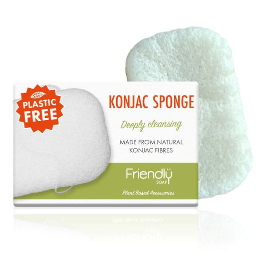 Friendly Soap konjac sponge shown alongside cardboard packaging