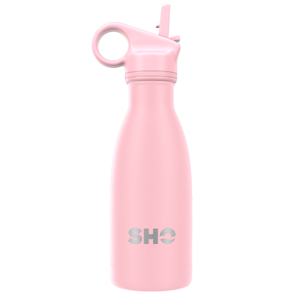 SHO eco-friendly reusable bottle pastel pink 260ml shown with straw lid