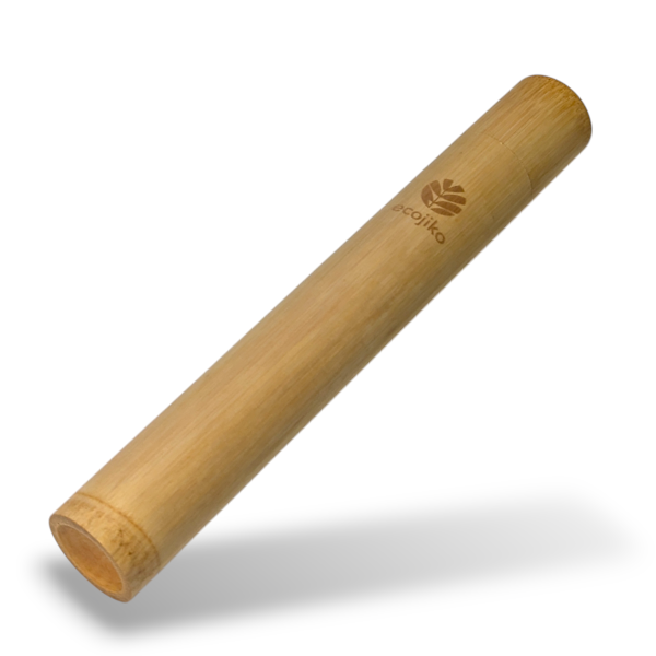 Bamboo toothbrush case with ecojiko logo on a white background