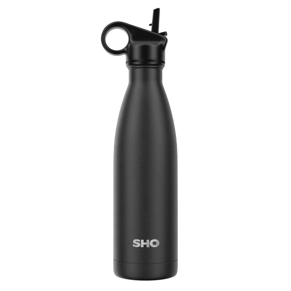 SHO insulated 500ml reusable bottle with straw lid in jet black colour