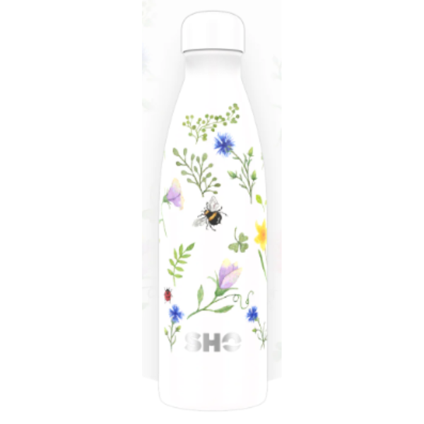 SHO eco-friendly reusable bottle in Bees Knees design (white background with bees and flowers)