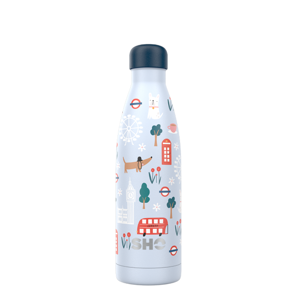 SHO eco-friendly reusable bottle in London design (pale blue background with London emblems including red bus, Houses of Parliament and tube symbol)