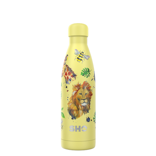 SHO eco-friendly reusable bottle in Savanna design (yellow background with lion, giraffe, bee and leaves)