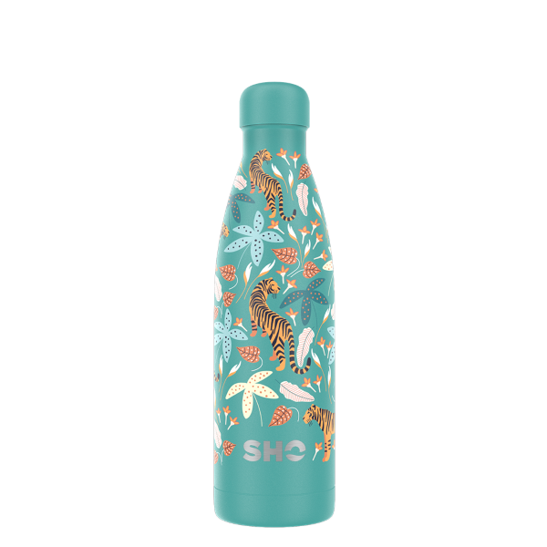 SHO eco-friendly reusable bottle in Tigers design (turquoise background with tigers and jungle flowers)