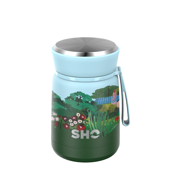 SHO reusable food flask in Garden design (an image with pale blue sky and bright green garden with flowers)