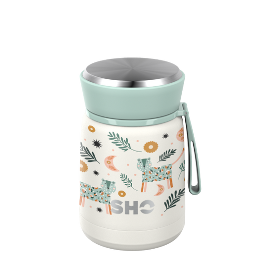 SHO reusable food flask in Leopard Sunset design (a cream background with colourful leopards)