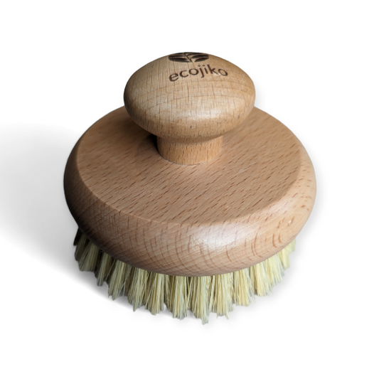 Wooden body brush featuring the brand 'ecojiko' on a white background, 