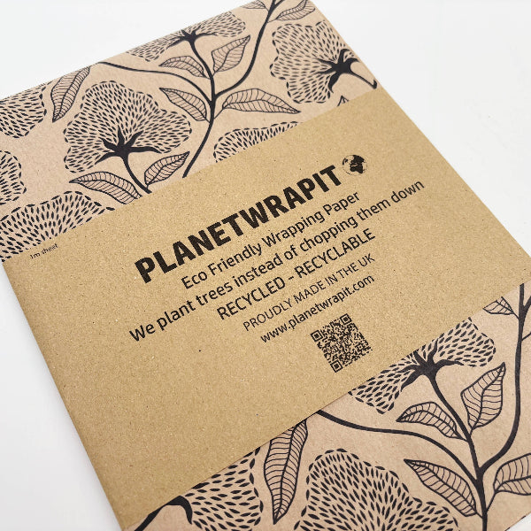 Planet Wrapit eco-friendly kraft wrapping paper with black floral design and PlanetWrapIt paper label.