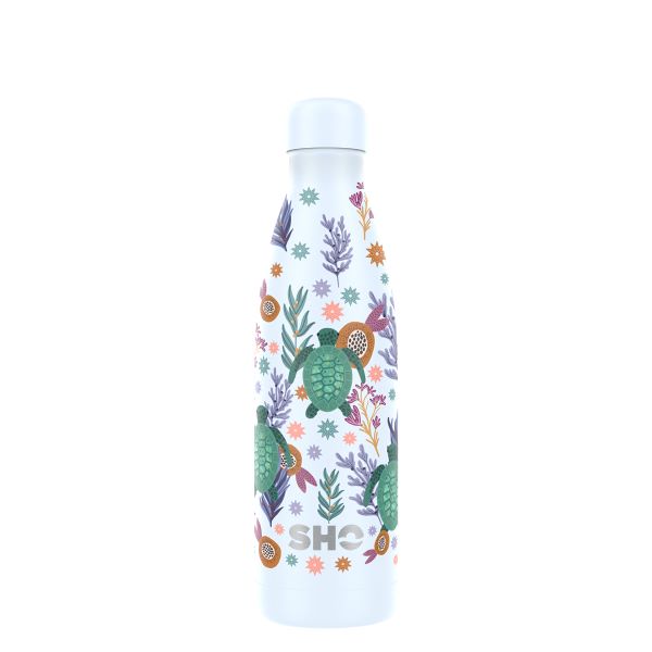 SHO eco-friendly reusable bottle in Ocean Turtles (pale blue background with turtles and sea plants)design, 500ml