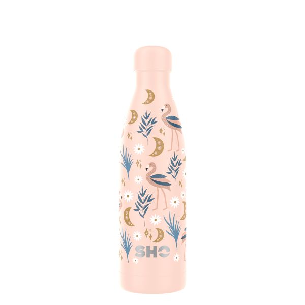 SHO eco-friendly reusable bottle in Flamingo design (peach background with flamingoes and plants), 500ml