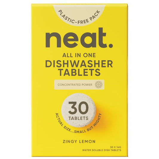 Neat's eco-friendly dishwasher tablets shown in yellow box