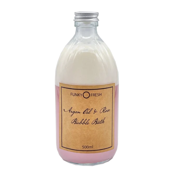 Eco-friendly bubble bath Argan oil and rose, front of glass bottle