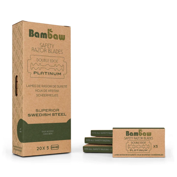 Bambaw stainless steel safety razor blades, shown in cardboard packaging