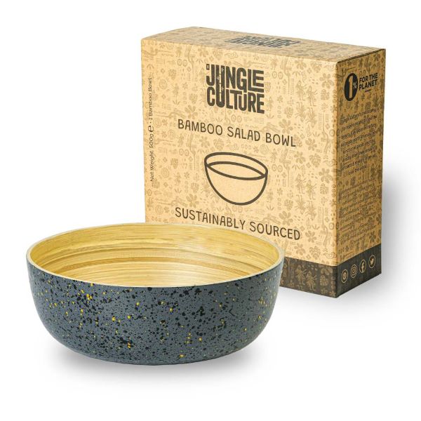 Bamboo medium bowl in dark grey (dark grey with dark coloured speckles on outside, bamboo inside) alongside cardboard box packaging