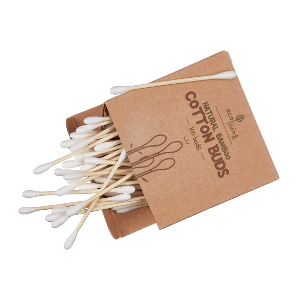 Cardboard box containing bamboo cotton buds, shown open with several spilling out