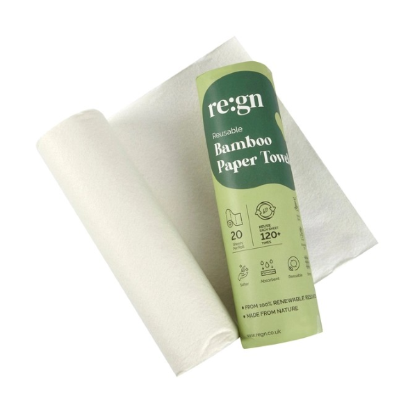 Reusable bamboo paper towels shown alongside the rolls in paper packaging