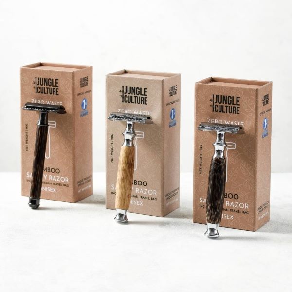 Selection of Bamboo safety razors shown balanced against cardboard packaging