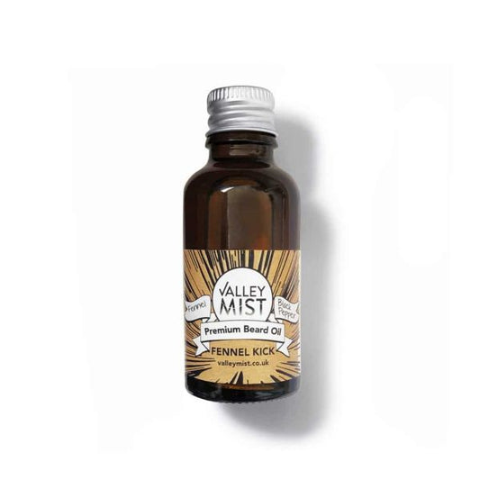 Valley Mist beard oil in amber glass bottle with metal cap in Fennel Kick fragrance