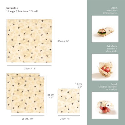 Beeswax wrap infographic showing sizes and images (large around a sandwich, medium around a whole apple, small covering a ramekin)